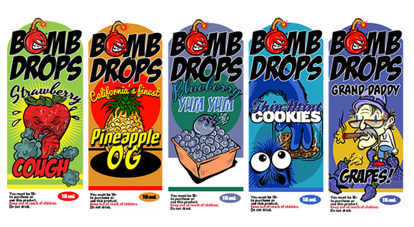 Bomb Drops, Vapor company Logo, and packaging Design by Bruce Hilvitz